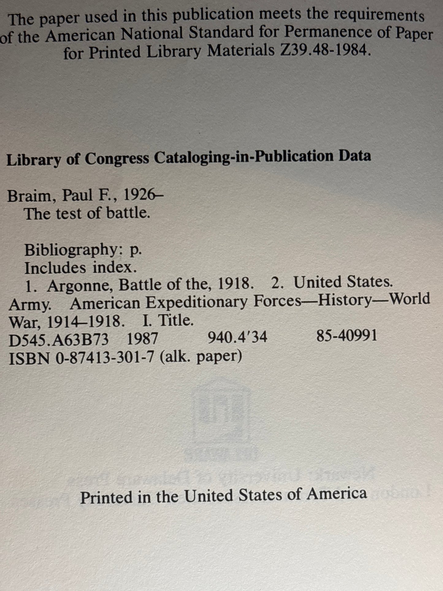 Test of Battle: The American Expeditionary Forces in the Meuse-Argonne Campaign