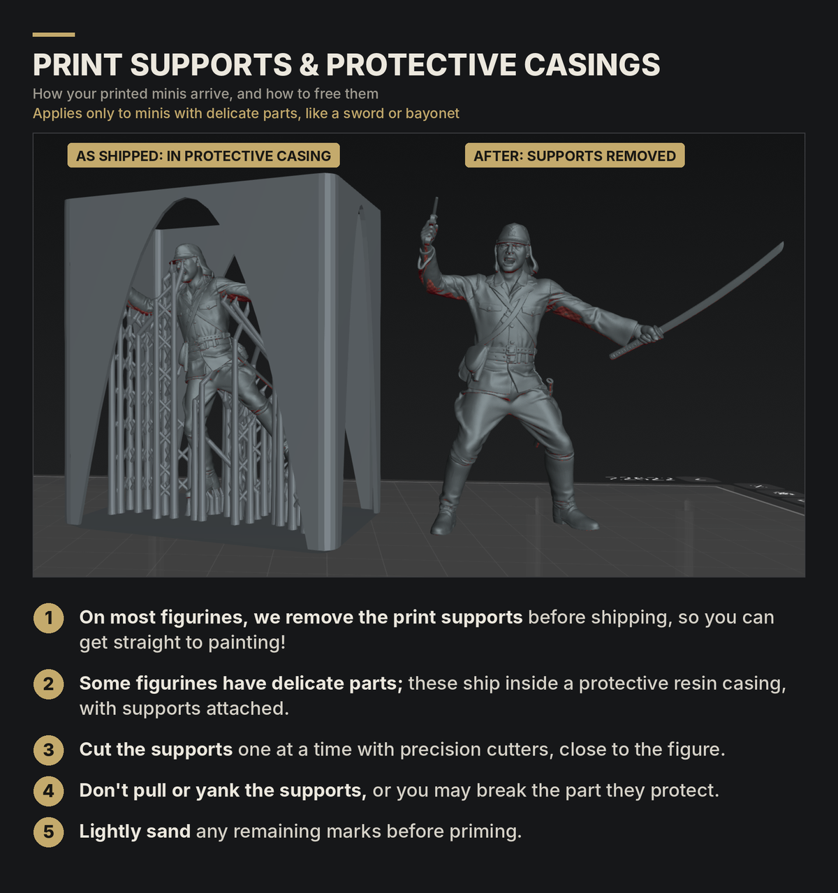How to remove print supports and the protective casing from delicate 3D printed minis