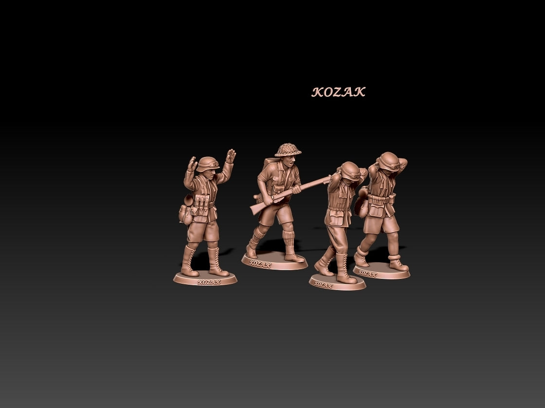 Kozak steel helmets DAK surrender scene: British soldier escorting three Afrika Korps prisoners, unpainted 3D render