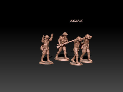 Kozak steel helmets DAK surrender scene: British soldier escorting three Afrika Korps prisoners, unpainted 3D render