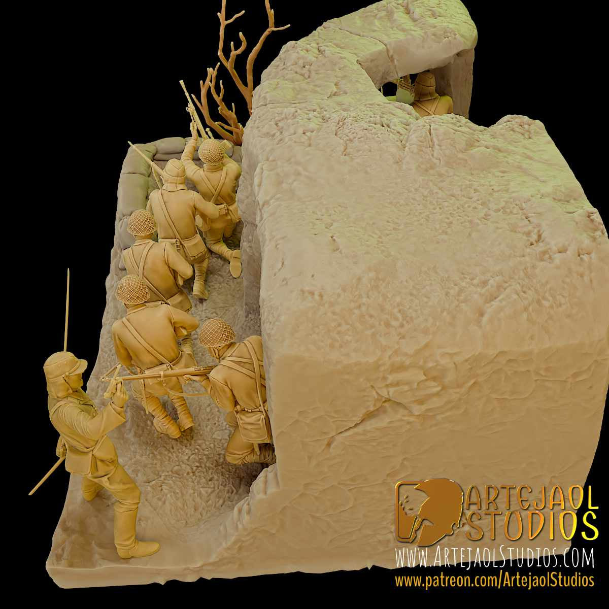 Close-up of bunker walls and Japanese infantry in the Okinawa diorama