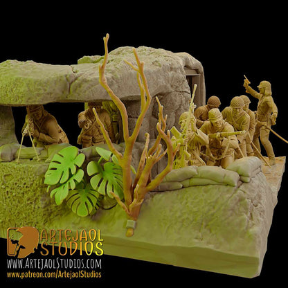 Japanese soldiers emerging from the bunker entrance in the Okinawa diorama