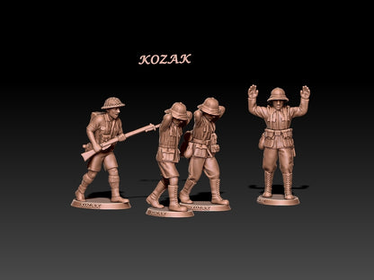 Kozak pith helmets DAK surrender scene: British soldier escorting three Afrika Korps prisoners, unpainted 3D render