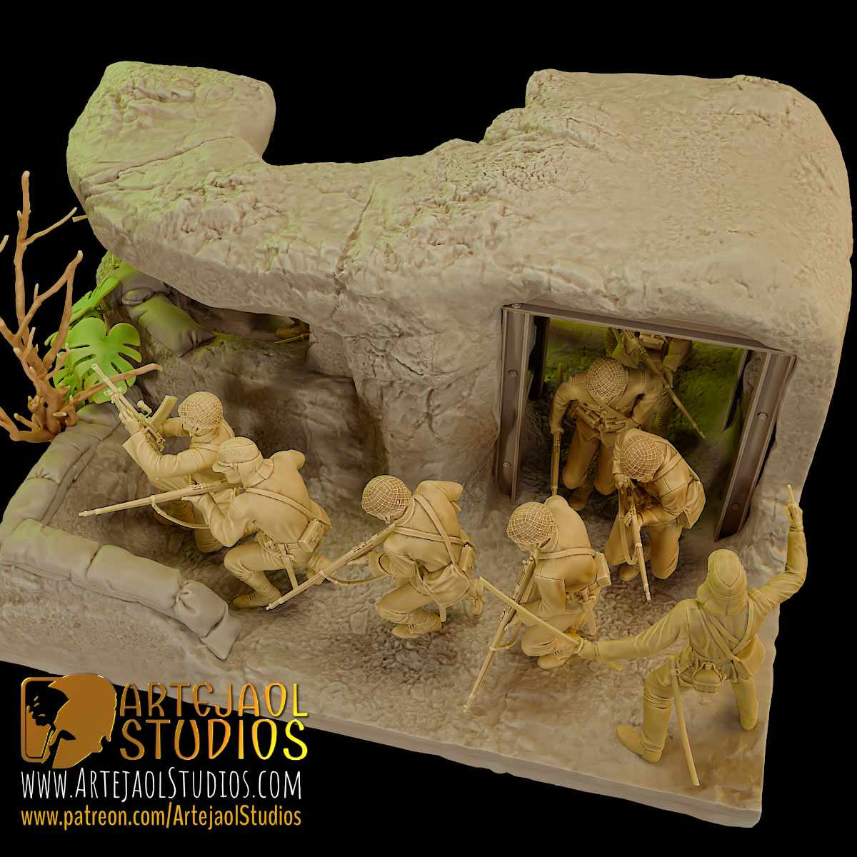 Battle of Okinawa diorama with 11 Japanese soldiers charging out of an underground bunker