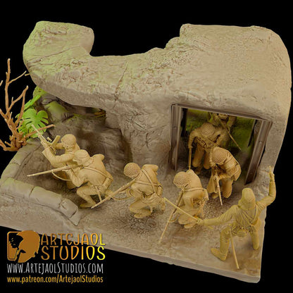 Battle of Okinawa diorama with 11 Japanese soldiers charging out of an underground bunker
