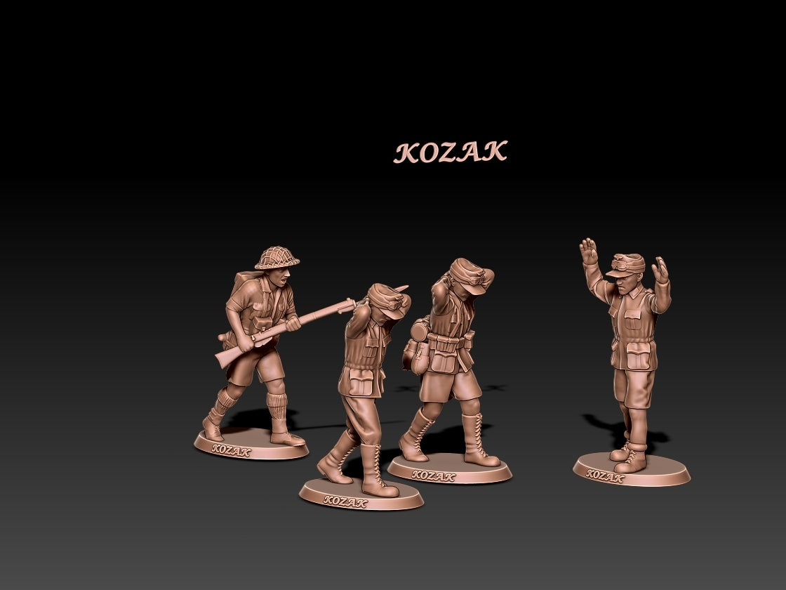 Kozak field caps DAK surrender scene: British soldier escorting three Afrika Korps prisoners, unpainted 3D render